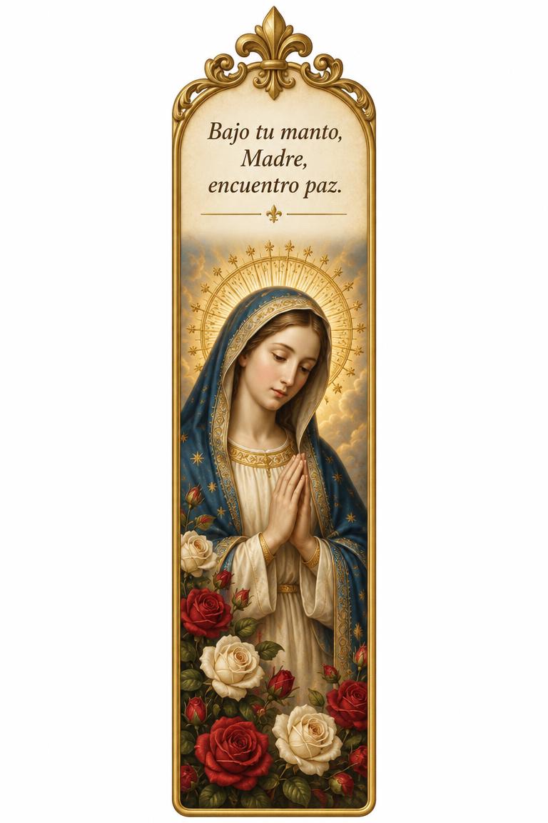 Marcapáginas católico: La Virgen María en oración entre las rosas