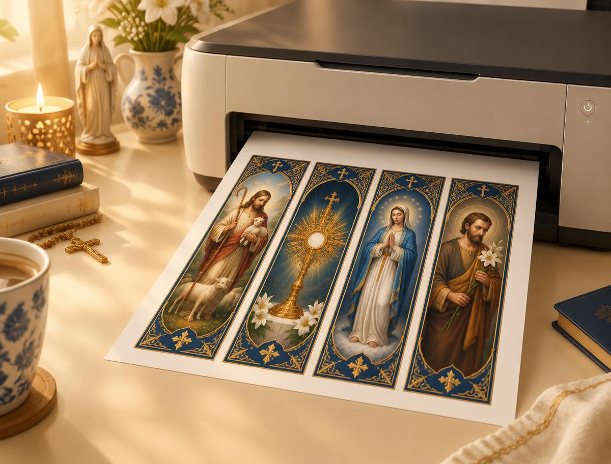 Impresora imprimiendo una hoja con marcapáginas católicos de la Virgen María, San José, el Sagrado Corazón y la Eucaristía