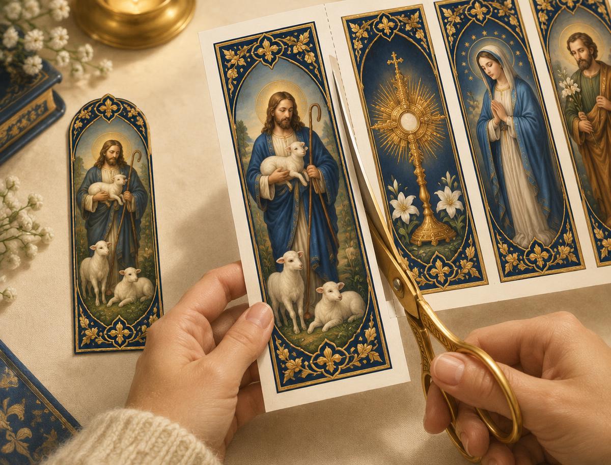 Manos recortando un marcapáginas católico de Jesús Buen Pastor con tijera